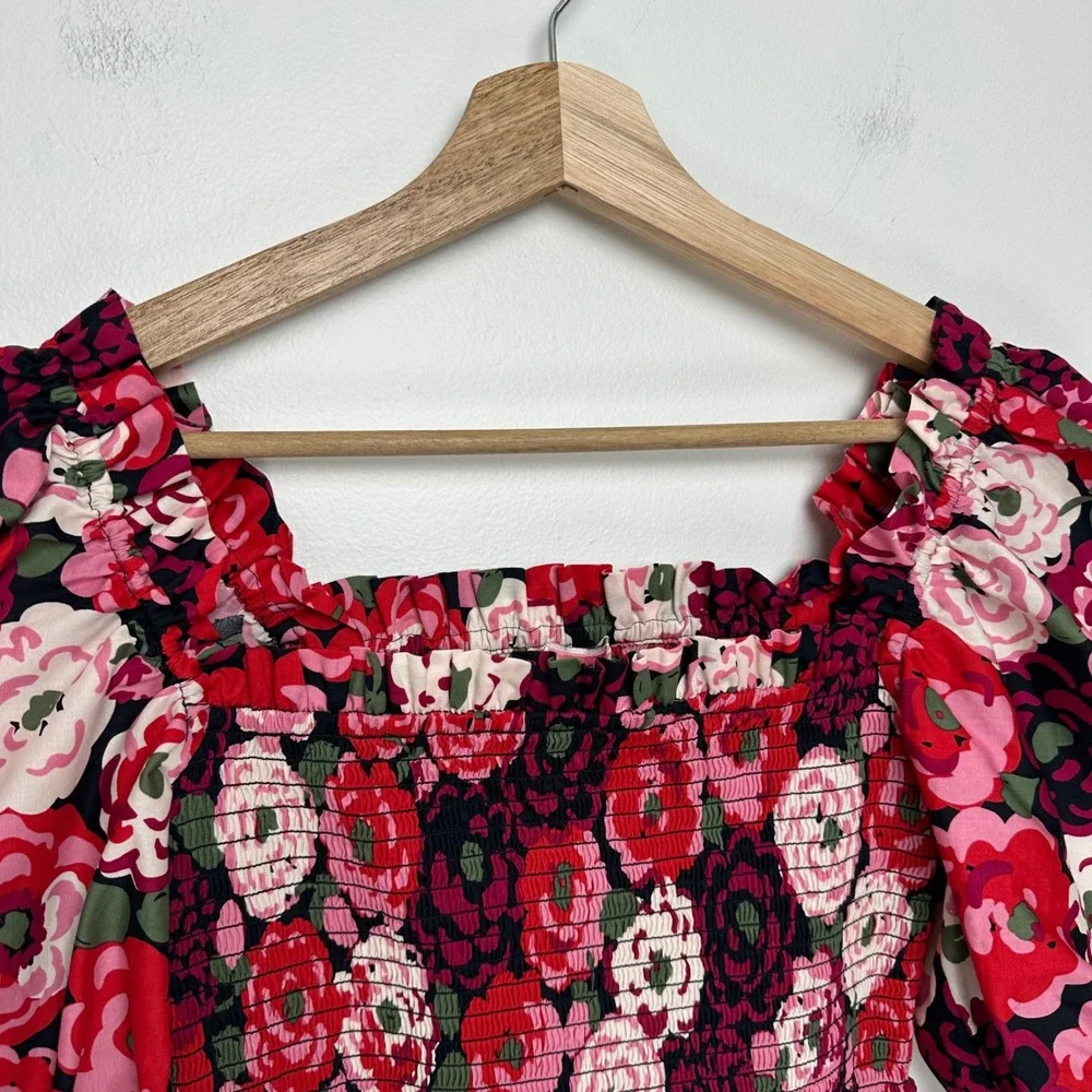Kate Spade Rosette Blooms Puff Sleeve Smocked Floral Top Red Pink XS